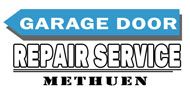 "Garage Door Repair Service Methuen logo with blue arrow design."