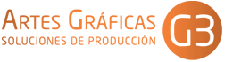 Logotipo de Artes Gráficas G3 en texto naranja con círculo naranja y letras "G3" dentro.