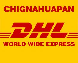 Logo de DHL en fondo amarillo con texto: "CHIGNAHUAPAN WORLD WIDE EXPRESS".
