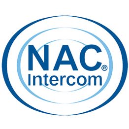 Logotipo de NAC Intercom, con letras azules y círculos concéntricos azules sobre fondo blanco.