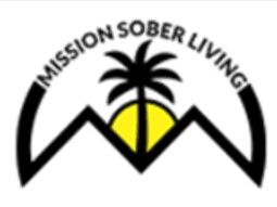 Logo with a palm tree, sun, mountains, and the text "Mission Sober Living" in an arc.