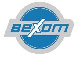 Logo mit blauem Kreis, im grauen Kreisrand steht "bexom" in blauer Schrift.