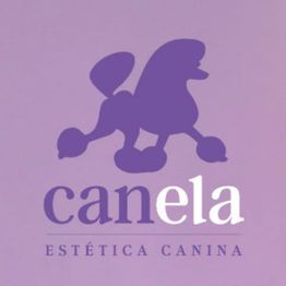 Silueta de caniche morado y texto "Canela Estética Canina" sobre fondo lila.