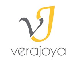 Logotipo de "verajoya" con letras "v" gris y "j" dorada, estilo moderno.
