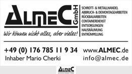 ALMEC GmbH Werbung mit Kontaktdaten und Dienstleistungen wie Schrotthandel und Entsorgung.