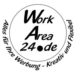 Logo mit Text: "WorkArea24.de. Alles für Ihre Werbung - Kreativ und Flexibel."