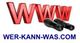 Rote Buchstaben "WWW" mit Fernglas davor, darunter der Text "WER-KANN-WAS.COM".