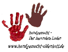 Zwei Handabdrücke mit Text: "handgemacht - Der besondere Laden" und Website-Adresse.
