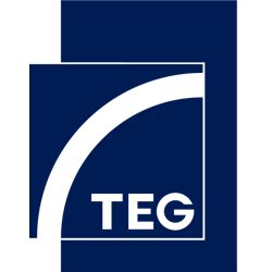 Blaues Logo mit dem weißen Buchstaben "TEG" und einem weißen Bogen im Hintergrund.