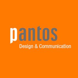 Orange Hintergrund mit grauem "pantos" und weißer "Design & Communication"-Aufschrift.