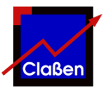 Logo mit blauem Quadrat, rotem Pfeil und dem Text "Claßen".