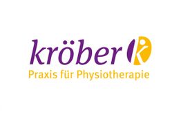 Logo mit lila Schrift "kröber" und gelbem Text "Praxis für Physiotherapie", stilisierte Figur.