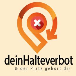 Logo mit Pfeil, Kreuz und Schriftzug "deinHalteverbot & der Platz gehört dir" auf beigem Hintergrund.