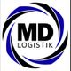Logo von "MD Logistik" mit schwarzen und blauen, gebogenen Streifen im Kreis.