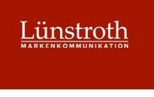 Rotes Logo mit weißem Text „Lünstroth Markenkommunikation“.