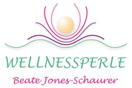 Logo mit Perle und Wellen. Text: "WELLNESSPERLE Beate Jones-Schaurer".