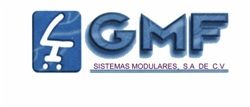 Logotipo de GMF Sistemas Modulares, con diseño azul y blanco.