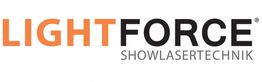 Logo mit Text "LIGHTFORCE SHOWLASERTECHNIK", LIGHT in Orange und FORCE in Schwarz.