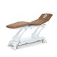 Braune Massageliege mit verstellbaren Segmenten und weißem Metallgestell auf Rädern.