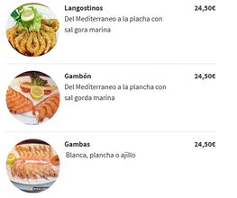 Tres platos de mariscos: langostinos, gambón y gambas, todos a 24,50€.