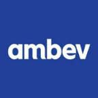 Logotipo da Ambev em fundo azul com letras brancas.