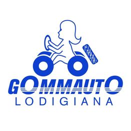 Logo blu "GOMMAUTO LODIGIANA" con figura stilizzata su un mezzo a tre ruote.