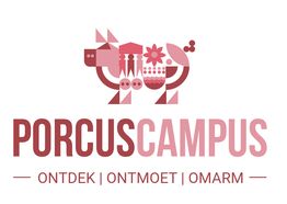 Logo met geometrisch varken en tekst: "PorcusCampus. Ontdek | Ontmoet | Omarm".