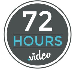Rundes Logo mit der Aufschrift „72 HOURS .video“ auf grauem Hintergrund.