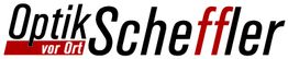 Logo mit schwarzem Schriftzug "Optik Scheffler", "vor Ort" in rotem Feld darunter.