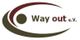 Logo mit grünem und rotem Bogen, Text "Way out e.V." in grüner und roter Schrift.