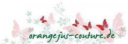 Geflügelte Schmetterlinge mit roten Akzenten und grüner Schrift: orangejus-couture.de