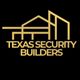 Gold Texas Security Builders logo with geometric building outlines on a black background.
