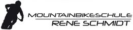 Silhouette eines Mountainbikers mit Text: "MOUNTAINBIKESCHULE RENE SCHMIDT".