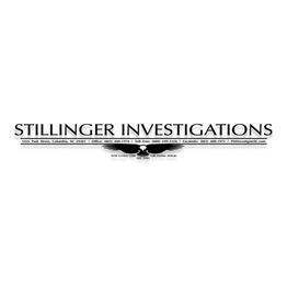 "Stillinger Investigations logo and contact details in bold black text on a white background."