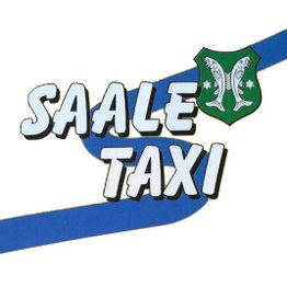 Text "Saale Taxi" auf blauem Band, daneben ein grünes Wappen mit zwei Fischen.
