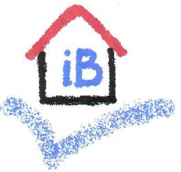 Gekritzel eines Hauses mit rotem Dach, blauer Buchstabe "iB" darin, blauer Haken darunter.