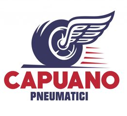 Logo di Capuano Pneumatici con una ruota alata e lettere in rosso e blu.