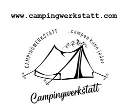Schwarz-weißes Logo mit Zelt, Bergen und Schrift: "Campingwerkstatt, campen kann jeder".