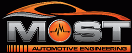 Logo mit Silhouette eines Autos, Text "MOST Automotive Engineering" und Herzschlag-Symbol.