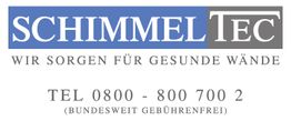 SchimmelTec-Logo mit Slogan "Wir sorgen für gesunde Wände". Telefonnummer: 0800 - 800 700 2.