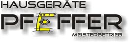 Logo mit Text: "HAUSGERÄTE PFEFFER MEISTERBETRIEB" und gelbem Ofen in Form eines "E".