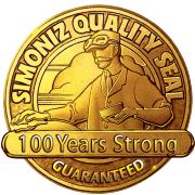 Sello dorado con texto "Simoniz Quality Seal, 100 Years Strong, Guaranteed".