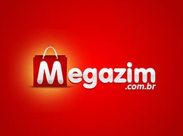 Logo da Megazim.com.br, fundo vermelho com sacola de compras ao lado do nome em branco.