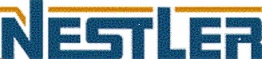 "Logo der Marke 'Nestler' in blauen Buchstaben mit gelben Linien darüber."