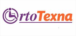 Logo de OrtoTexna: Texto morado y naranja con símbolo de accesibilidad.