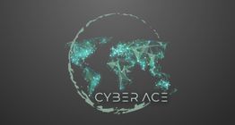 Grafische Weltkarte in Polygon-Stil mit Netzpunkten, darunter der Schriftzug "Cyber Ace".