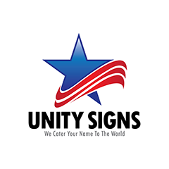 Logo with a blue star, red swoosh, and "Unity Signs" text below.
