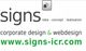 Logo mit Text: "signs", "idea · concept · realisation", "corporate design & webdesign", "www.signs-icr.com".