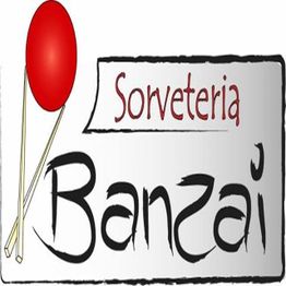 Logo da Sorveteria Banzai com palitos e esfera vermelha ao lado do nome.