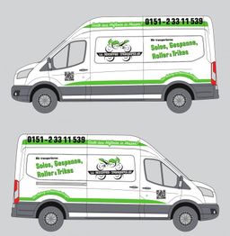 Lieferwagen-Design mit Werbeschrift für Motorradtransporte und Telefonnummer in Grün und Schwarz.